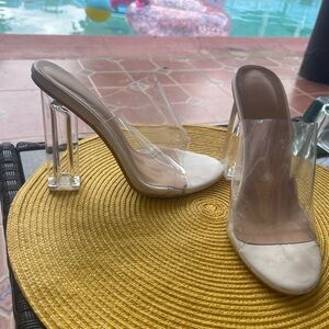 Cream High Heel Mule Sandals with Clear Straps